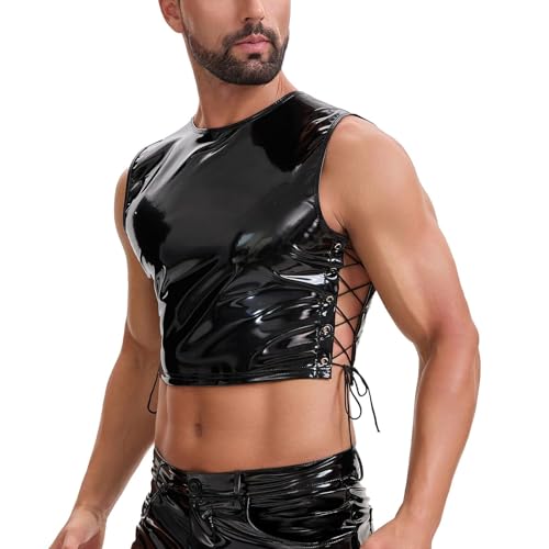 xokesy Mens Glossy Leather Cropped Tank Top, Sexy Drawstring